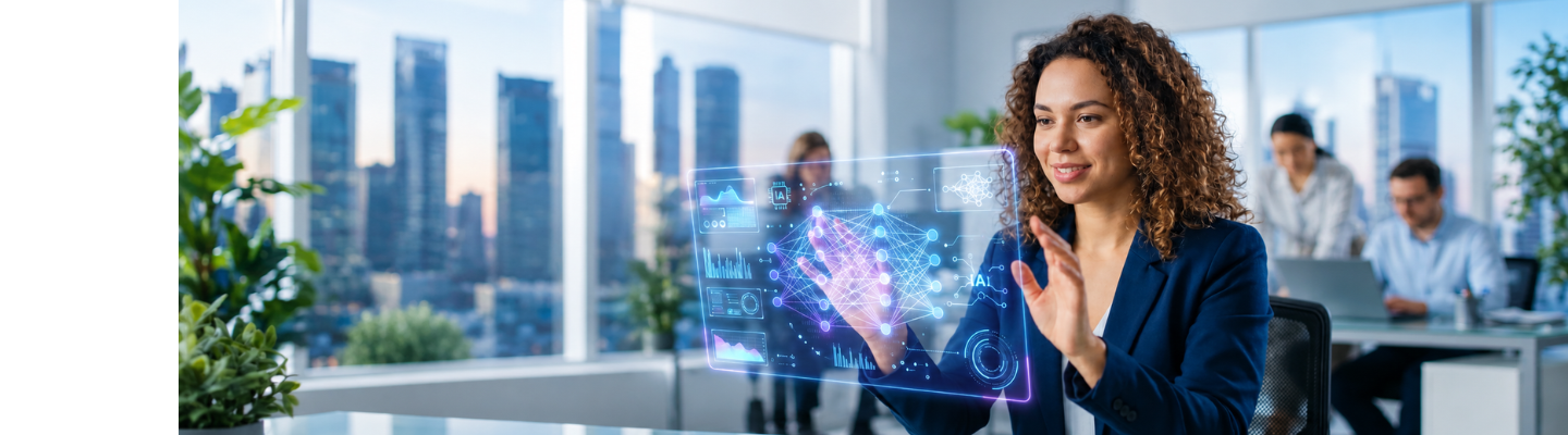 Business professional interacting with a digital interface displaying data analytics and business intelligence visualisations.