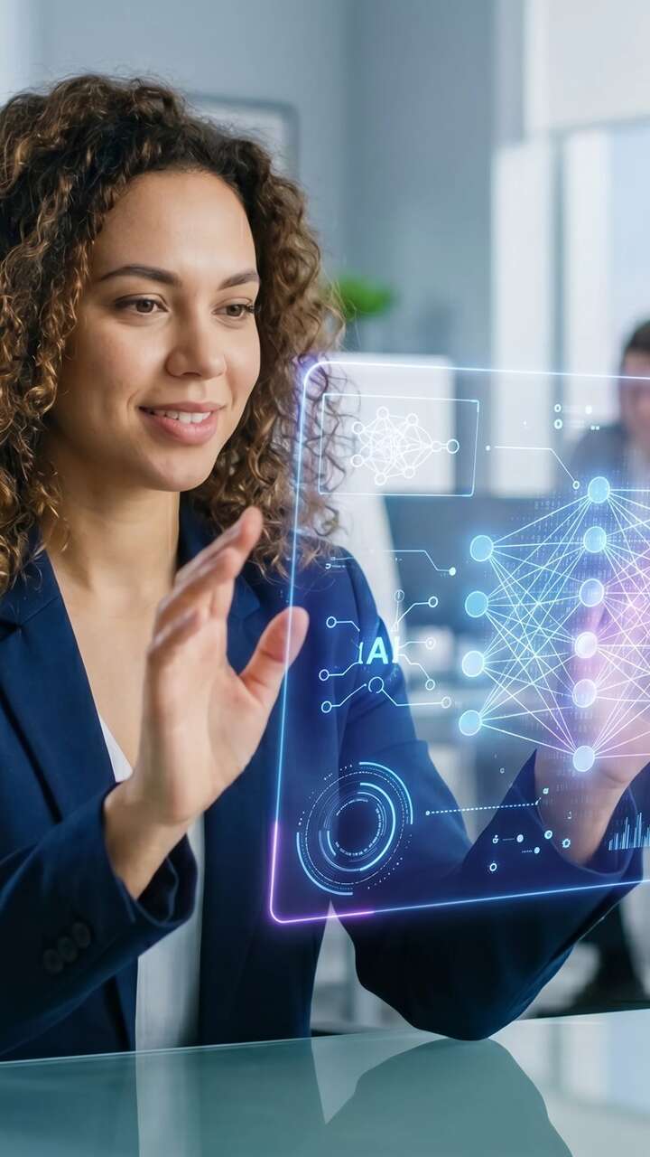 Business professional interacting with a digital interface displaying data analytics and business intelligence visualisations.