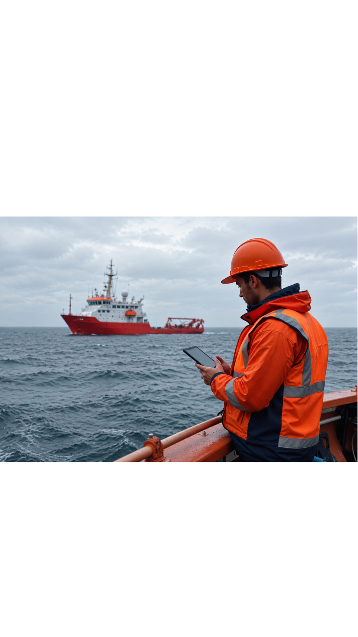 Maritime worker using a digital tablet aboard a vessel, with a red and white ship visible at sea in the background.