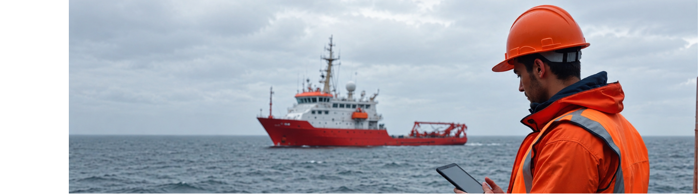 Maritime worker using a digital tablet aboard a vessel, with a red and white ship visible at sea in the background.