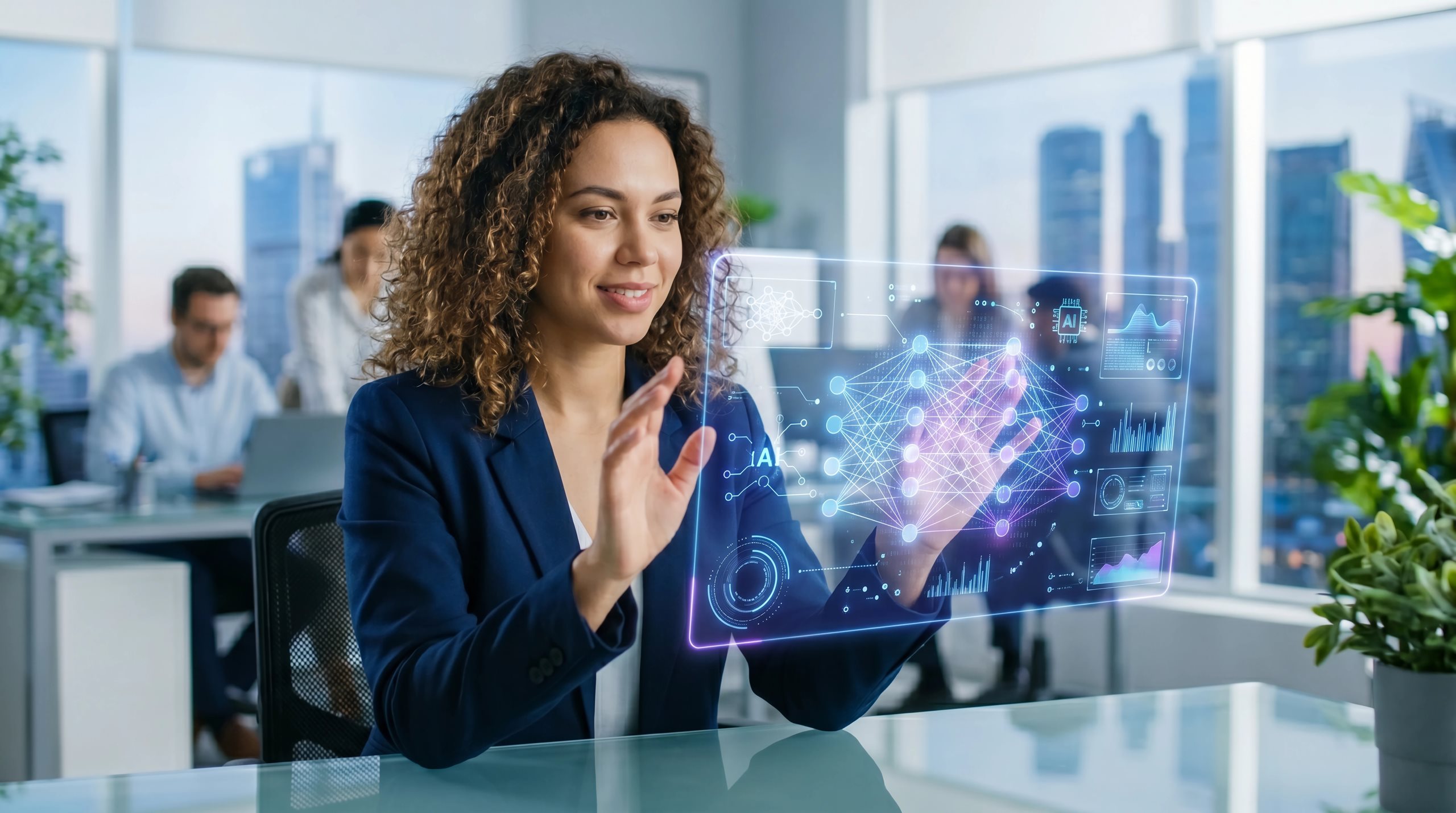 Business professional interacting with a digital interface displaying data analytics and business intelligence visualisations.