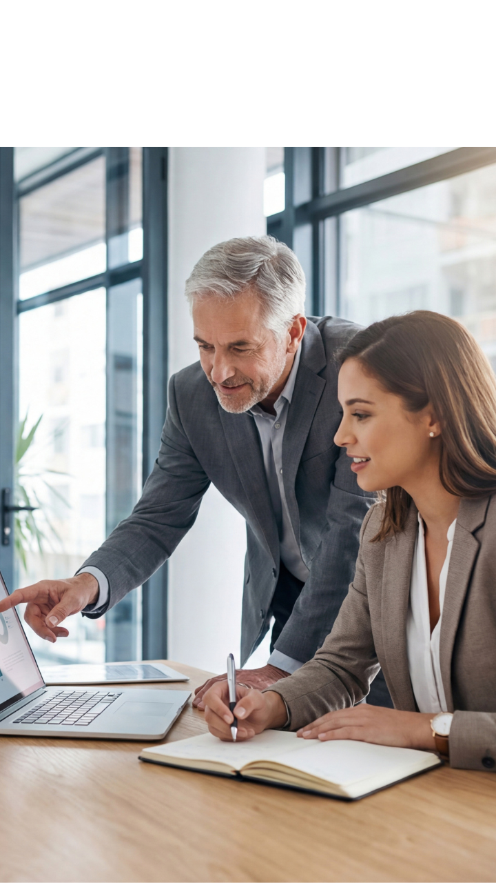 Senior and younger business professionals discussing business plans together in an office.