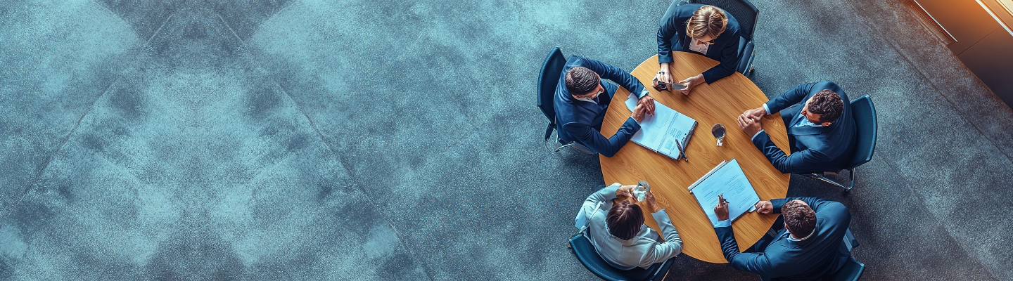 Financial services professionals reviewing documents during a risk management meeting.