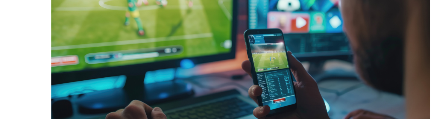 Person holding a smartphone displaying an online sports betting interface, with a football match on a screen in the background.