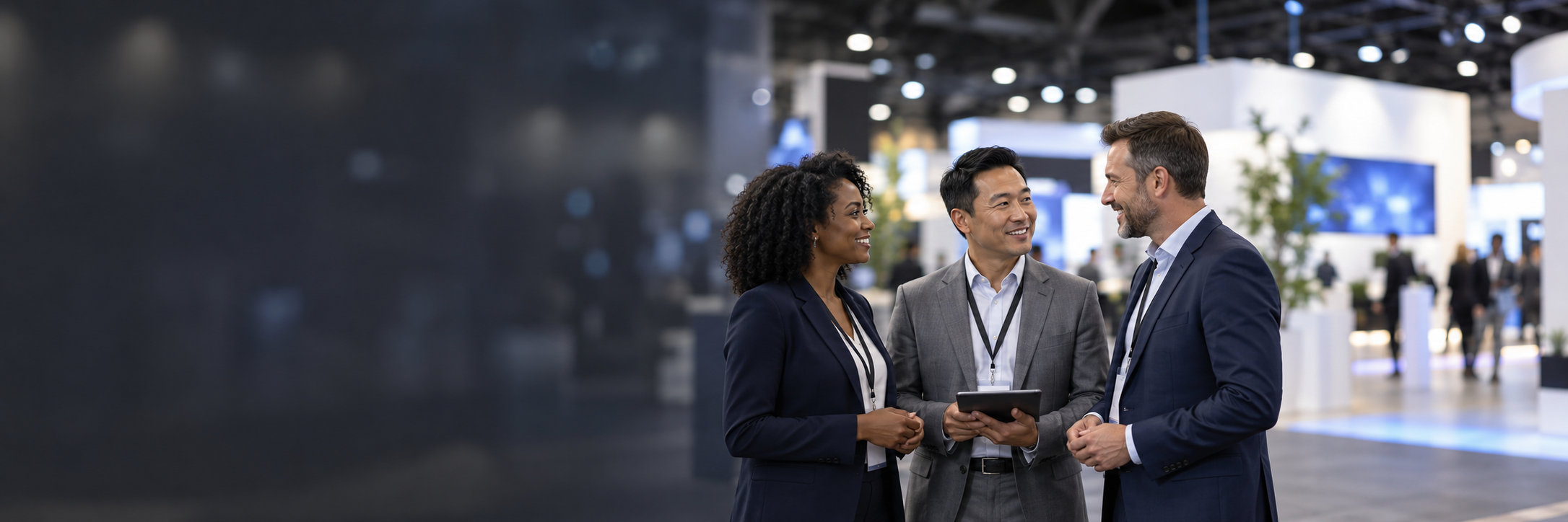 Three business professionals discussing a tablet at an exhibition, with stands and delegates in the background.