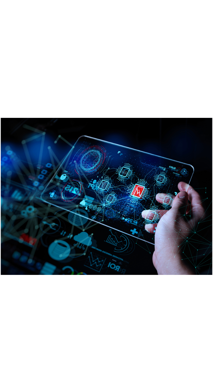A hand holding a digital tablet displaying interconnected technology, data analytics and automation icons against a blue background.