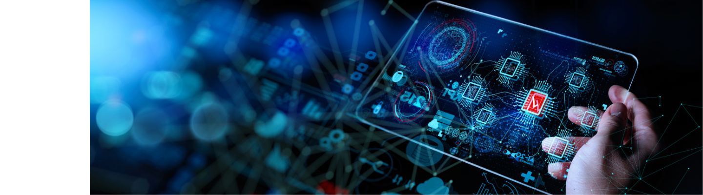 A hand holding a digital tablet displaying interconnected technology, data analytics and automation icons against a blue background.