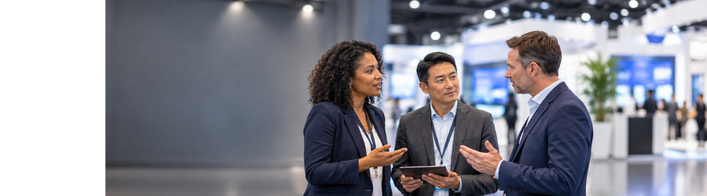 Three business professionals discussing a tablet at an exhibition, with stands and delegates in the background.