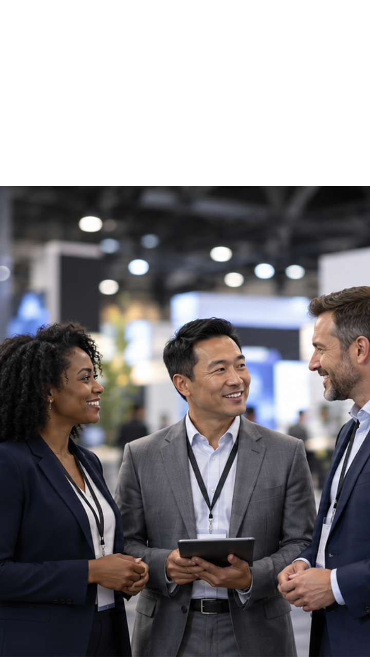 Three business professionals discussing a tablet at an exhibition, with stands and delegates in the background.