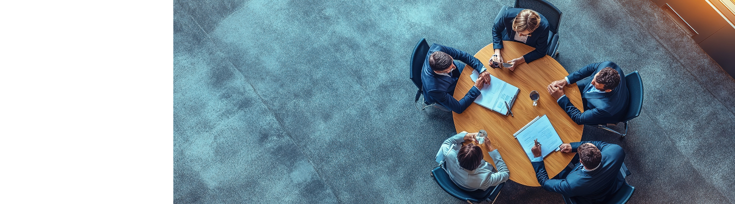 Financial services professionals reviewing documents during a risk management meeting.
