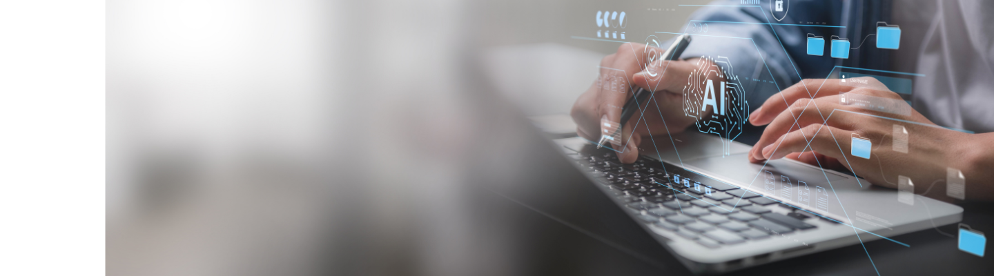 Professional using a laptop with digital AI, data management and security icons, representing responsible AI use and business data protection.
