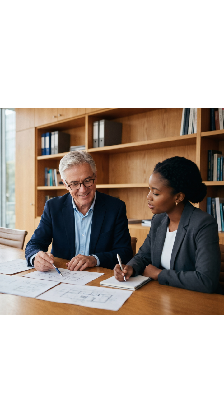Two professionals reviewing documents together at a wooden conference table in a bright office, with large windows and bookshelves in the background.