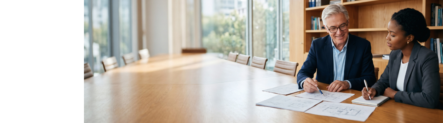 Two professionals reviewing documents together at a wooden conference table in a bright office, with large windows and bookshelves in the background.