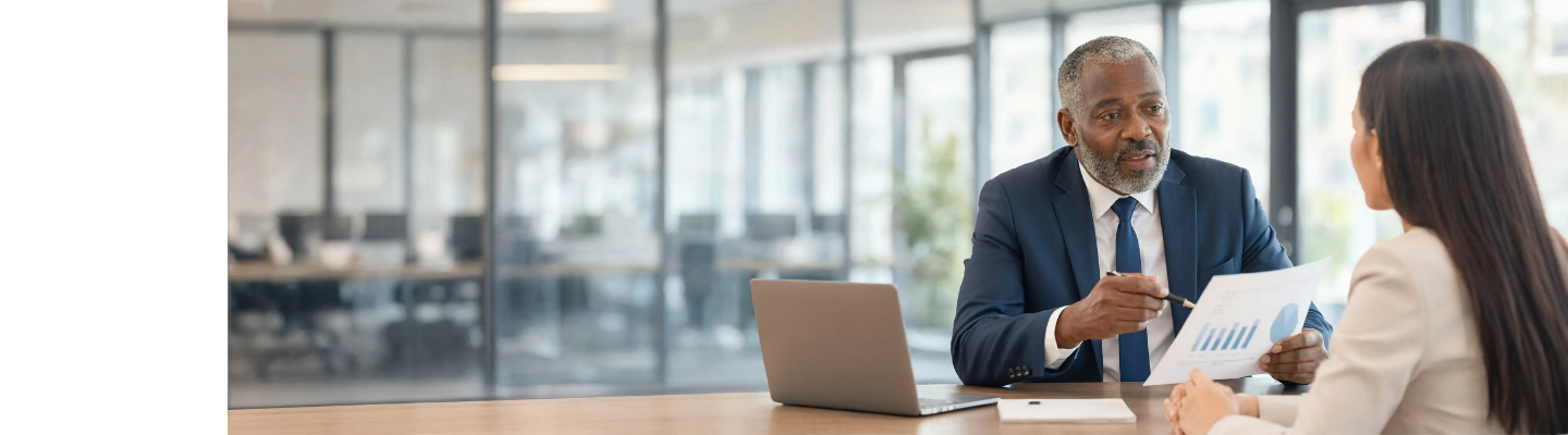 Two business professionals reviewing a document in a modern office, featured in a BDO Malta promotional banner highlighting ISO 27001 and information security.