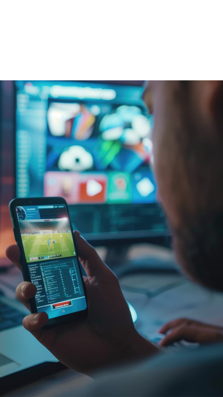 Person holding a smartphone displaying an online sports betting interface, with a football match on a screen in the background.