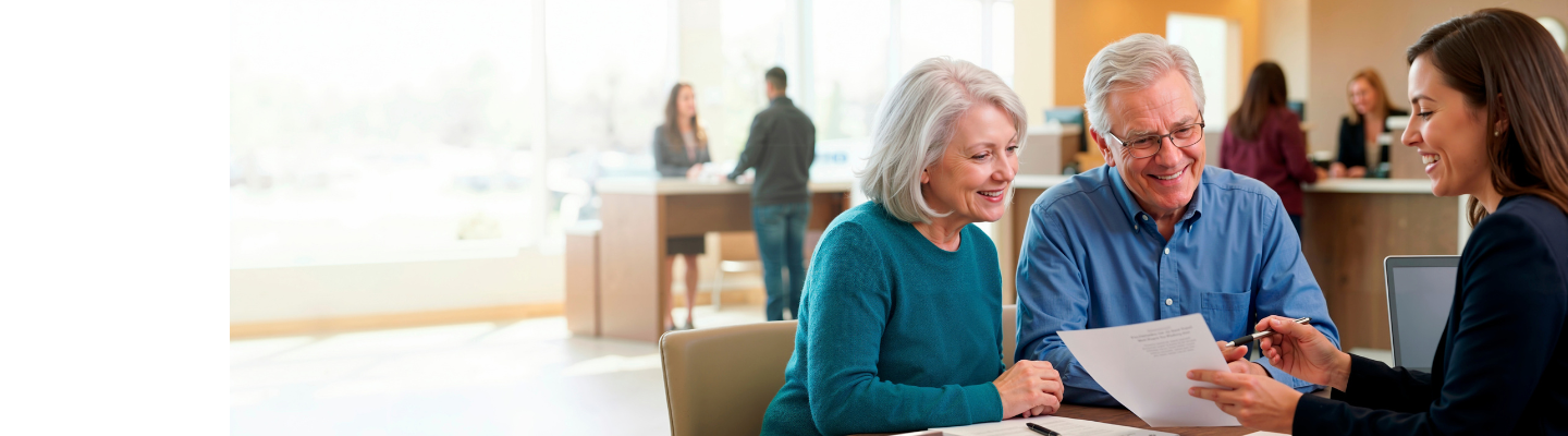 A professional explains a document to an older couple seated across a desk in an office.